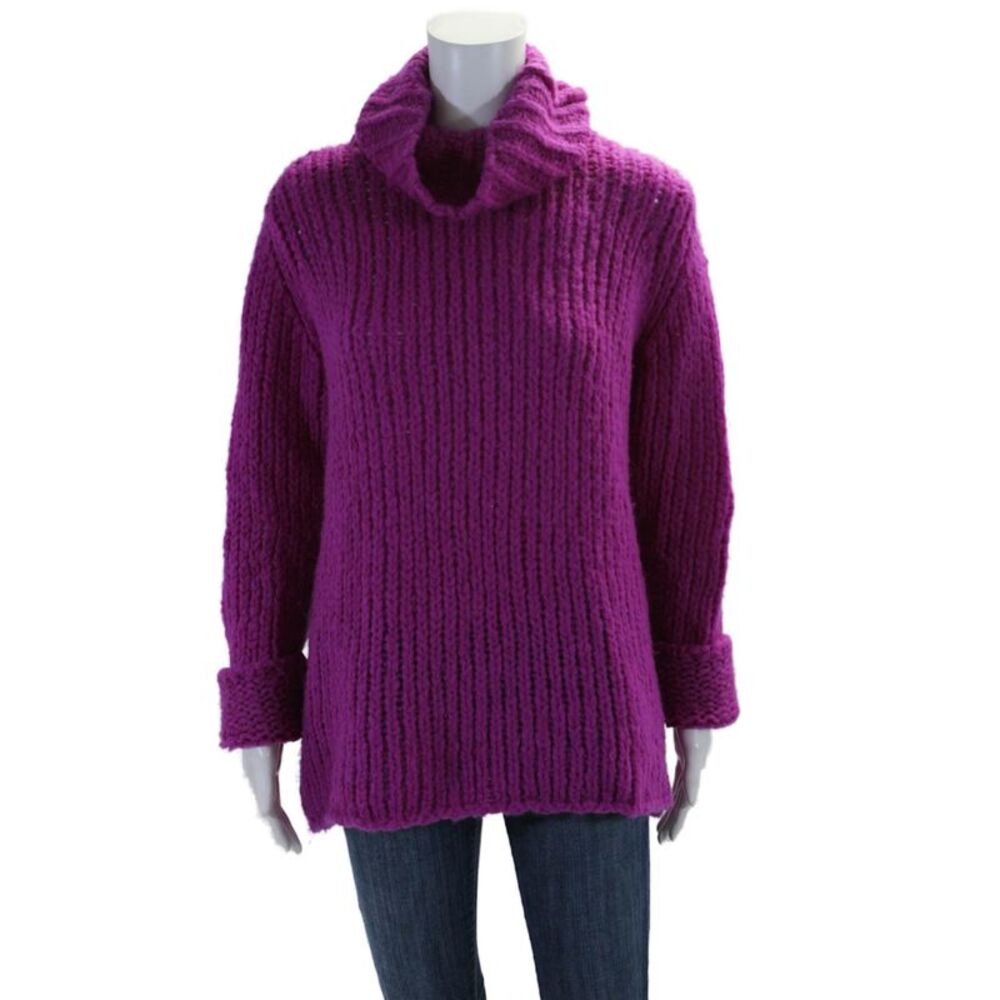 Designer Womens Long Sleeve Thick Knit Turtleneck Sweater Purple Medium